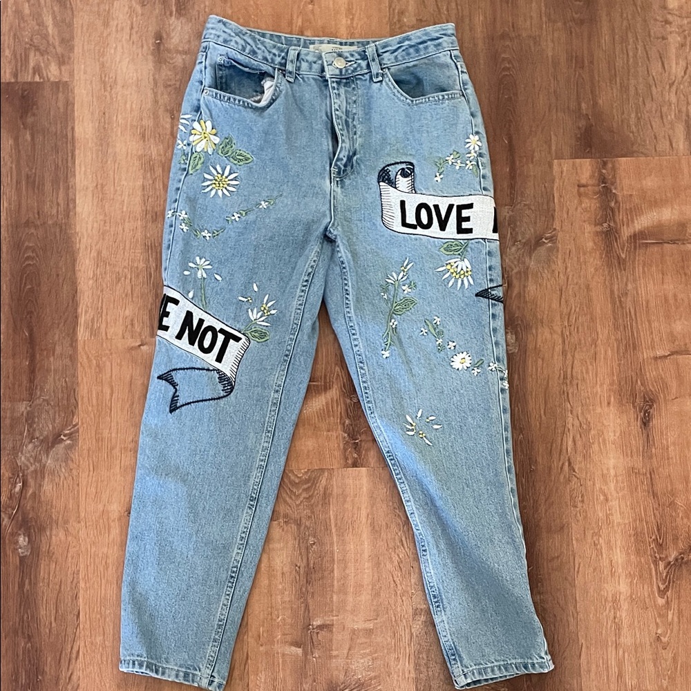 Topshop Light Blue Straight Leg Jeans with Floral and Text Embroidery